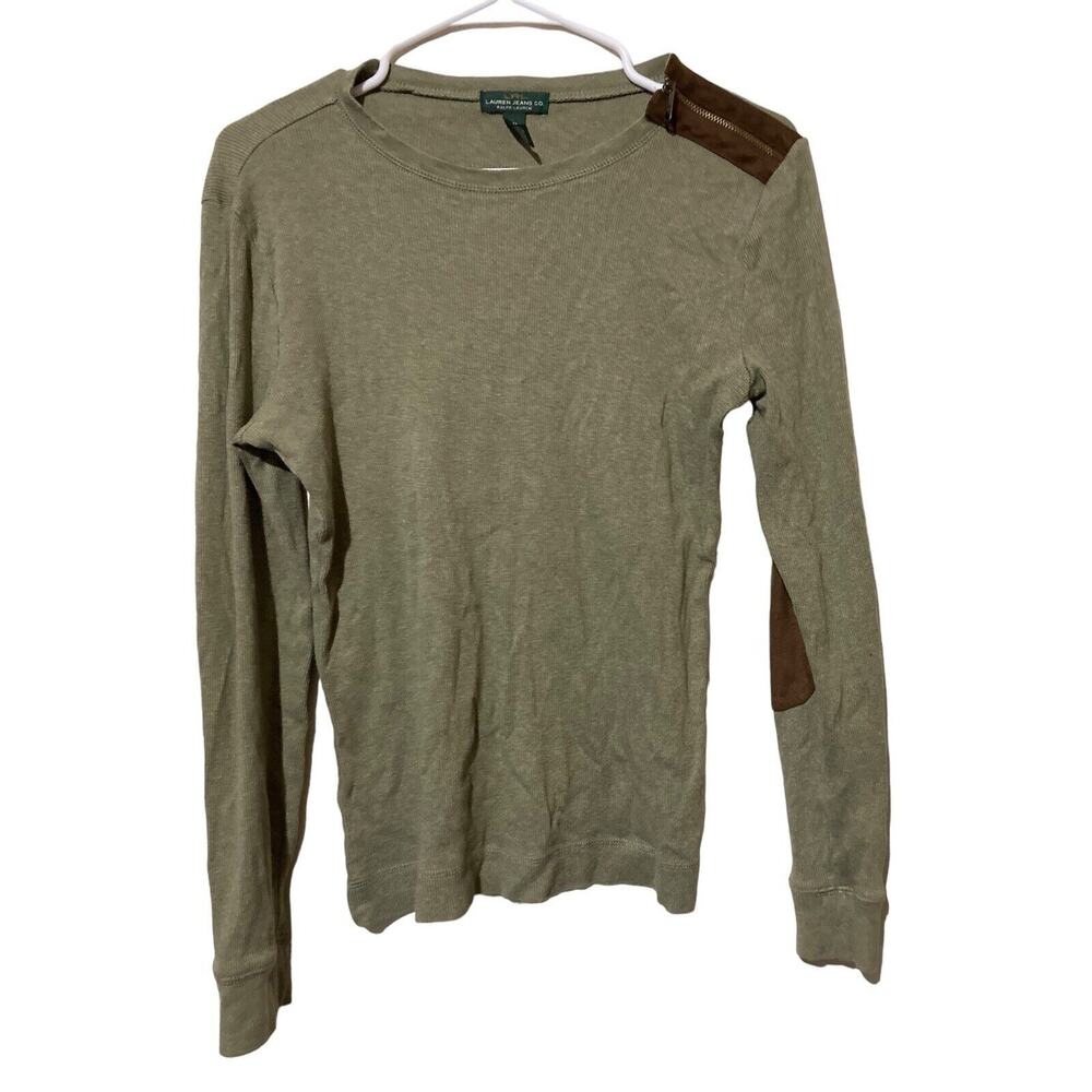 Lauren Ralph Lauren Women's Sz Large Green Long Sleeve W/Faux Suede Patches Top
